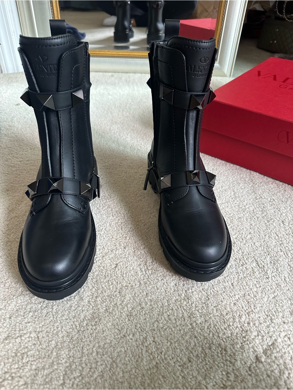 Valentino Black Leather Rockstud Strap Combat Boots